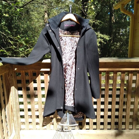 Black Skater HiLo Wool Blend High Neck Detachable Hood Leopard Lined Coat Sz4 - Picture 9 of 13
